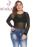 IN'VOLAND Women Bodysuits Plus Size XL-5XL Round Neck Long Sleeve Solid Color See Through Mesh Slim Female Club Party Bodysuit