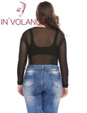 IN'VOLAND Women Bodysuits Plus Size XL-5XL Round Neck Long Sleeve Solid Color See Through Mesh Slim Female Club Party Bodysuit
