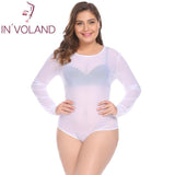IN'VOLAND Women Bodysuits Plus Size XL-5XL Round Neck Long Sleeve Solid Color See Through Mesh Slim Female Club Party Bodysuit