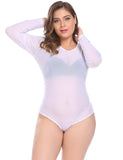 IN'VOLAND Women Bodysuits Plus Size XL-5XL Round Neck Long Sleeve Solid Color See Through Mesh Slim Female Club Party Bodysuit