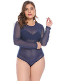IN'VOLAND Women Bodysuits Plus Size XL-5XL Round Neck Long Sleeve Solid Color See Through Mesh Slim Female Club Party Bodysuit