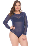 IN'VOLAND Women Bodysuits Plus Size XL-5XL Round Neck Long Sleeve Solid Color See Through Mesh Slim Female Club Party Bodysuit