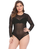 IN'VOLAND Women Bodysuits Plus Size XL-5XL Round Neck Long Sleeve Solid Color See Through Mesh Slim Female Club Party Bodysuit