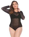 IN'VOLAND Women Bodysuits Plus Size XL-5XL Round Neck Long Sleeve Solid Color See Through Mesh Slim Female Club Party Bodysuit