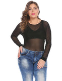 IN'VOLAND Women Bodysuits Plus Size XL-5XL Round Neck Long Sleeve Solid Color See Through Mesh Slim Female Club Party Bodysuit