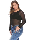 IN'VOLAND Women Bodysuits Plus Size XL-5XL Round Neck Long Sleeve Solid Color See Through Mesh Slim Female Club Party Bodysuit