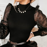 Ribbed Mesh Shirts Women Turtleneck Puff Sleeve Blouses Knitwear Fashion Girls See Through Sequin Knit Tops Spring Shirt D35