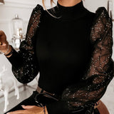 Ribbed Mesh Shirts Women Turtleneck Puff Sleeve Blouses Knitwear Fashion Girls See Through Sequin Knit Tops Spring Shirt D35