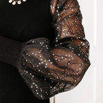 Ribbed Mesh Shirts Women Turtleneck Puff Sleeve Blouses Knitwear Fashion Girls See Through Sequin Knit Tops Spring Shirt D35