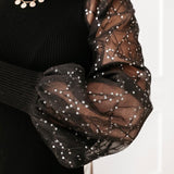 Ribbed Mesh Shirts Women Turtleneck Puff Sleeve Blouses Knitwear Fashion Girls See Through Sequin Knit Tops Spring Shirt D35