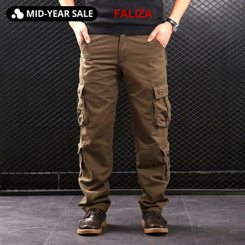 FALIZA Men's Cargo Pants Multi Pockets Military Style Tactical Pants Cotton Men's Outwear Straight Casual Trousers for Men CK102