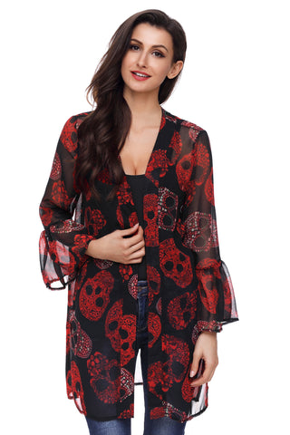 Sale Women Fashion Skull Printed Chiffon Kimono Coat Female 2020 Summer Casual Flare Sleeve Chiffon Cardigan Lady Daily Wear D30