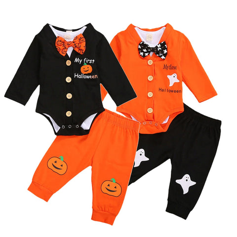 Pudcoco Newborn Baby Boys Outfits 3Pcs Clothes Set My First Halloween Long Sleeve Letter Print Bodysuit+Bow-tie Bodysuit+Pants